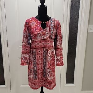 Neiman Marcus Red and Pink Long Sleeve Dress